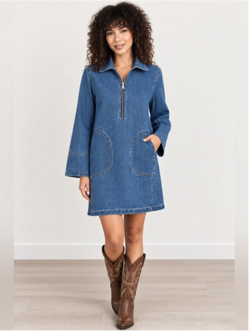 BLANK NYC Blue Denim Zip Front Mini Dress Western Cowboy Style Size M